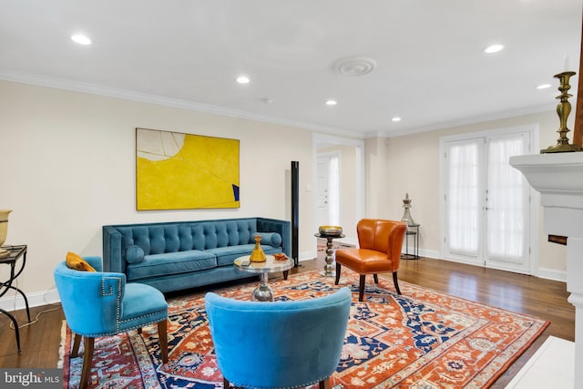 living room with crown molding, french doors, and dark wood-type flooring