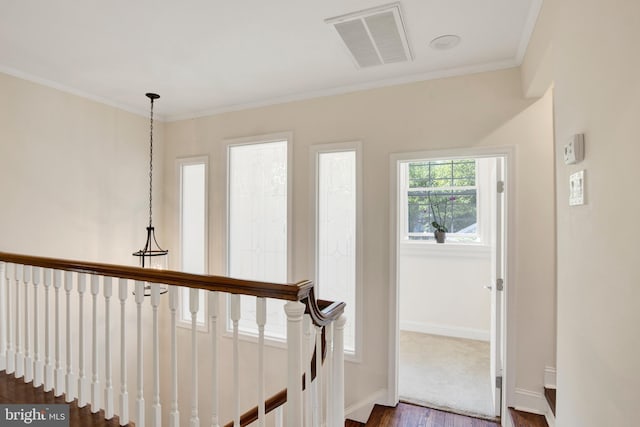 stairs featuring crown molding and hardwood / wood-style flooring