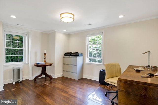 office area featuring crown molding, radiator heating unit, and dark wood-type flooring