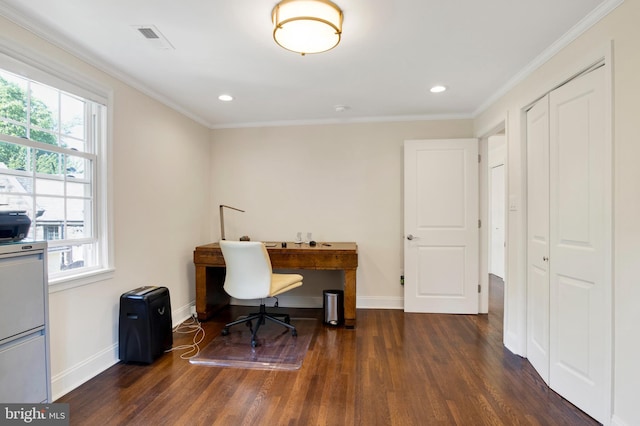 office featuring dark hardwood / wood-style floors and ornamental molding