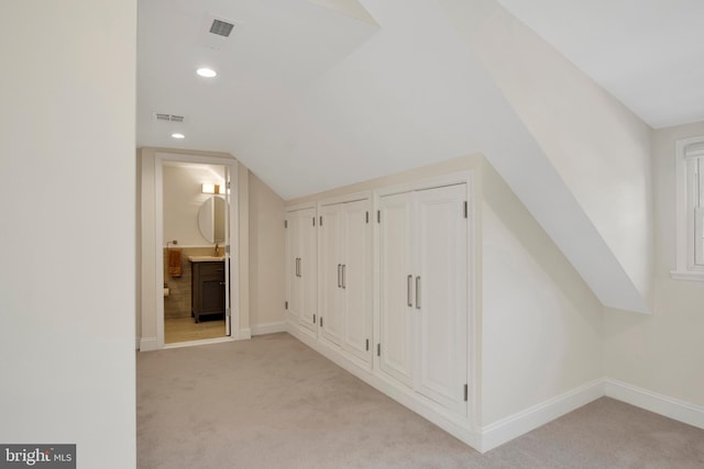 additional living space with light carpet, vaulted ceiling, and sink