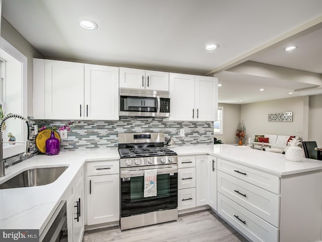 kitchen featuring white cabinetry, kitchen peninsula, stainless steel appliances, decorative backsplash, and sink