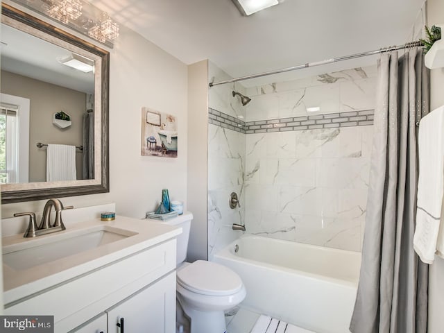 full bathroom featuring toilet, shower / bathtub combination with curtain, and vanity