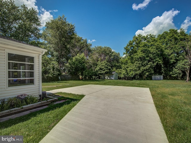 view of yard with a patio and a storage unit