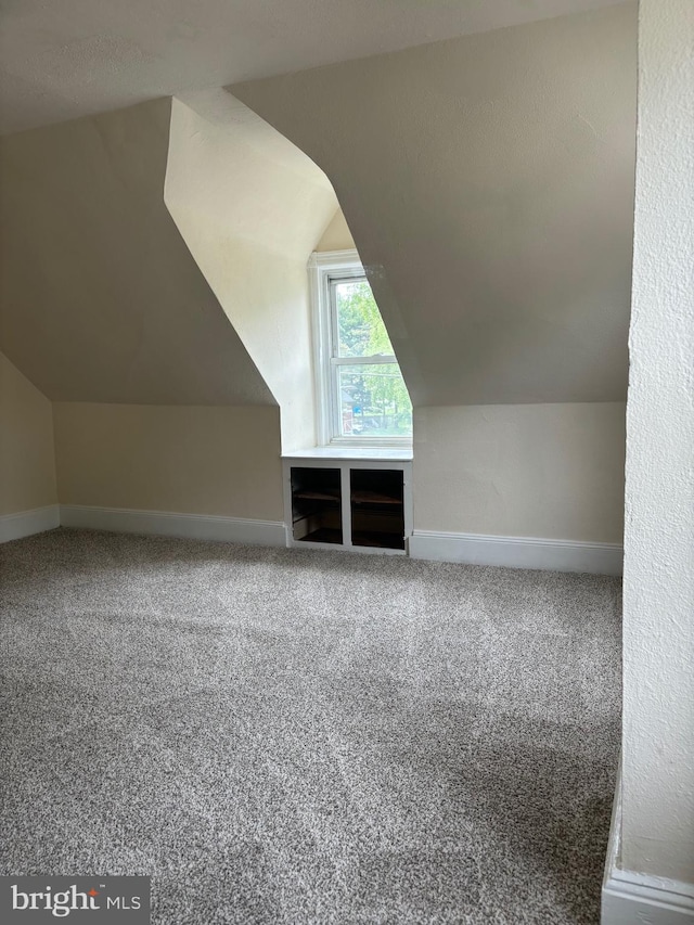 bonus room featuring carpet, a textured ceiling, and vaulted ceiling