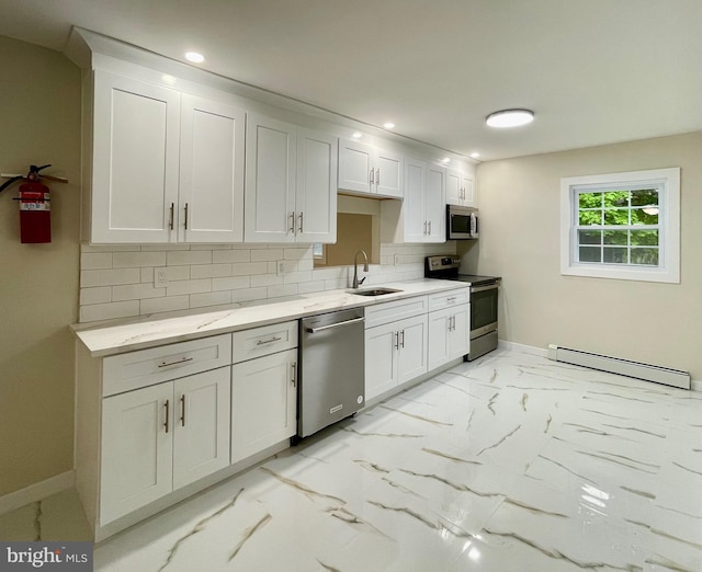 kitchen with sink, white cabinets, stainless steel appliances, and a baseboard heating unit