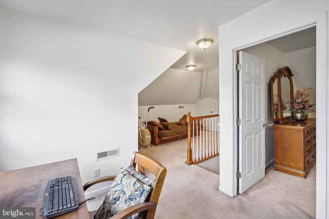 interior space with light colored carpet and lofted ceiling