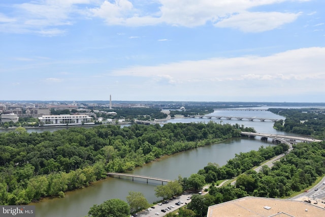 aerial view featuring a water view