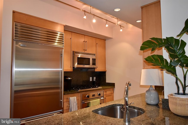 kitchen with appliances with stainless steel finishes, decorative backsplash, dark stone counters, and sink