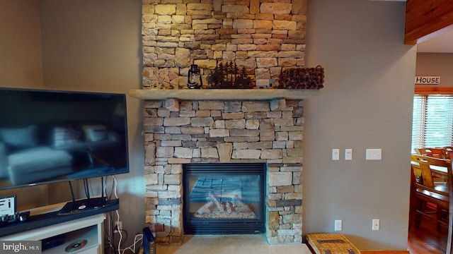 details featuring a stone fireplace