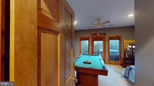 recreation room with ceiling fan, carpet floors, and pool table