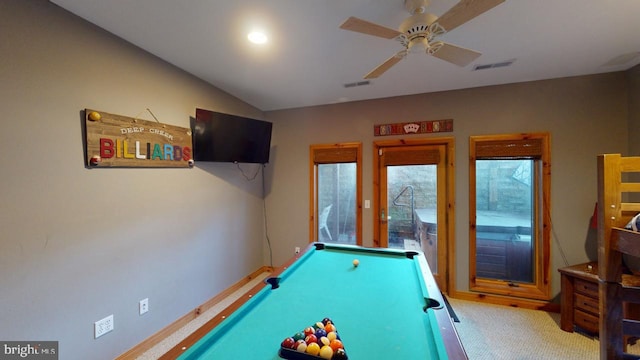 game room with carpet flooring, ceiling fan, and billiards