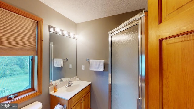 bathroom with vanity, a textured ceiling, and walk in shower