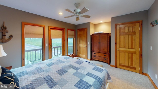 bedroom with ceiling fan, access to exterior, and light carpet