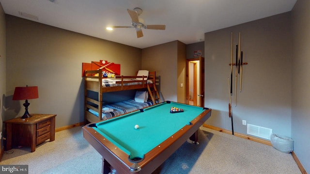 game room featuring ceiling fan, light colored carpet, and pool table