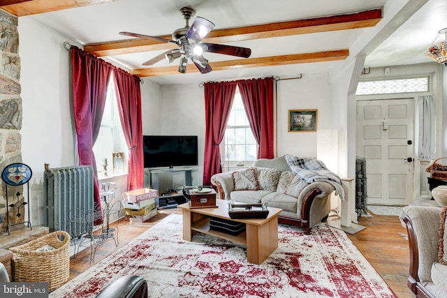 living room with beamed ceiling, ceiling fan, and light hardwood / wood-style flooring