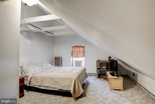 bedroom featuring lofted ceiling, carpet floors, cooling unit, ceiling fan, and radiator heating unit