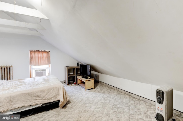 bedroom featuring radiator, light carpet, cooling unit, and lofted ceiling