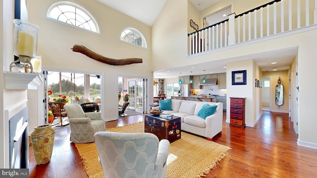 living room featuring hardwood / wood-style flooring, high vaulted ceiling, and a healthy amount of sunlight