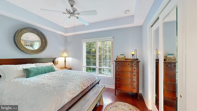 bedroom featuring ceiling fan, dark hardwood / wood-style floors, and a tray ceiling