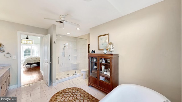 bathroom featuring vanity, tile patterned flooring, ceiling fan, toilet, and walk in shower