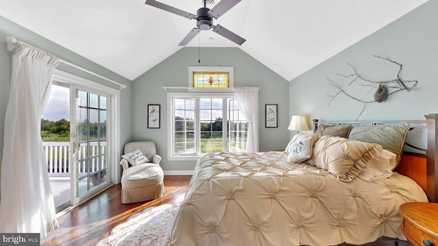 bedroom with wood-type flooring, access to outside, ceiling fan, and lofted ceiling