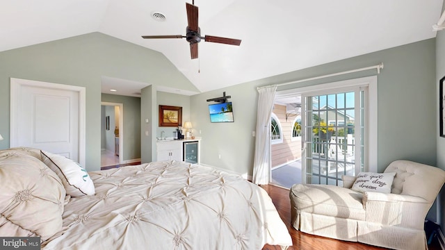 bedroom featuring access to outside, beverage cooler, ceiling fan, hardwood / wood-style floors, and lofted ceiling