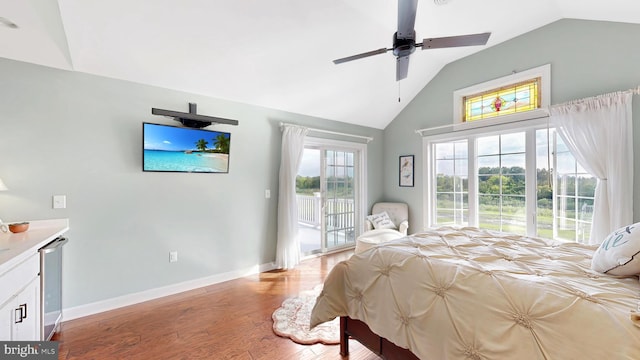 bedroom with ceiling fan, light wood-type flooring, access to outside, and lofted ceiling