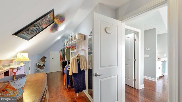 interior space with lofted ceiling and dark wood-type flooring