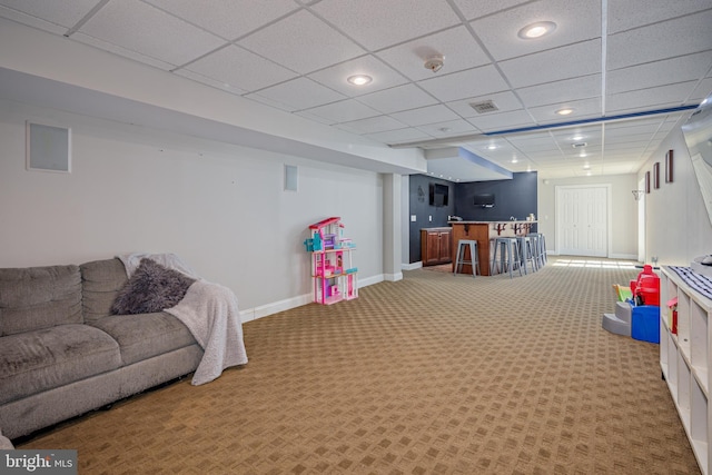 game room featuring a paneled ceiling and carpet floors