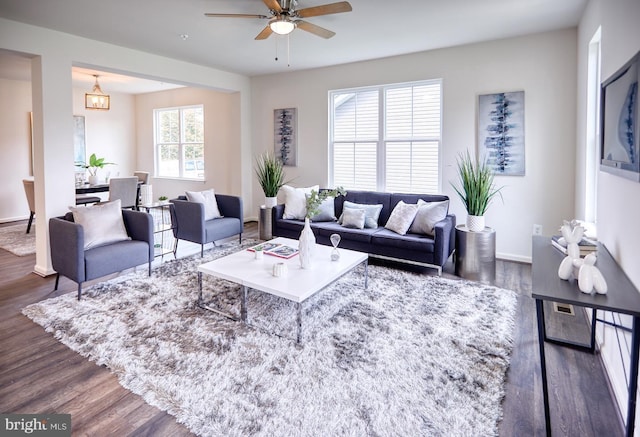 living room featuring ceiling fan with notable chandelier and dark hardwood / wood-style flooring