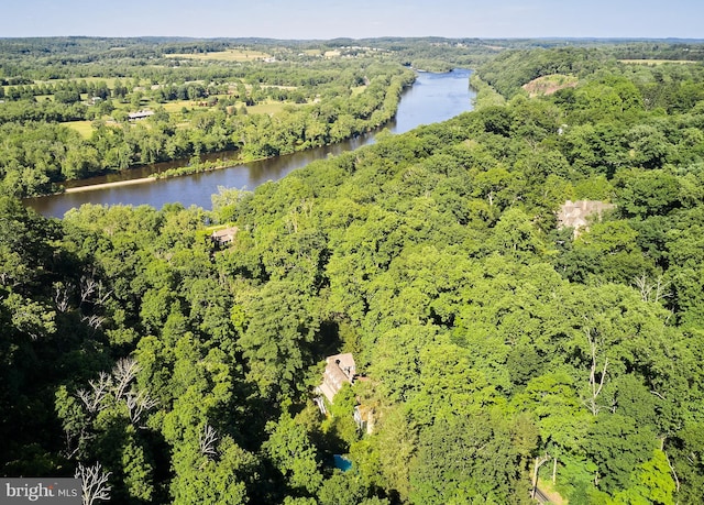 drone / aerial view featuring a water view