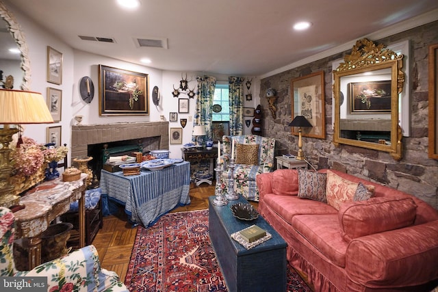 living room with parquet flooring