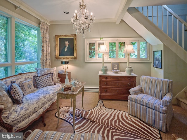 sitting room featuring ornamental molding, plenty of natural light, a baseboard radiator, and a notable chandelier