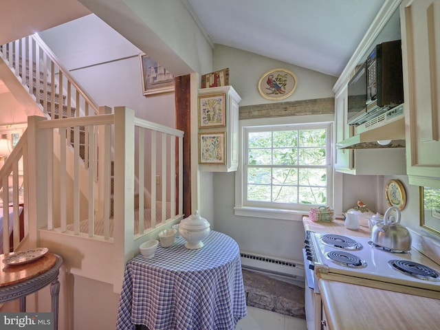 interior space featuring a baseboard heating unit, vaulted ceiling, range hood, and white electric range