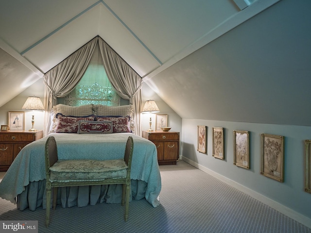 bedroom with light carpet and vaulted ceiling