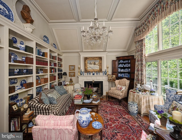 living room featuring lofted ceiling and a notable chandelier