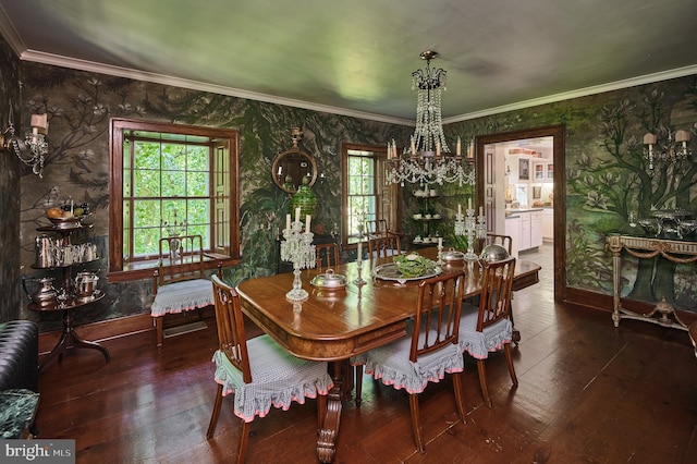 dining area with an inviting chandelier, dark hardwood / wood-style floors, and crown molding