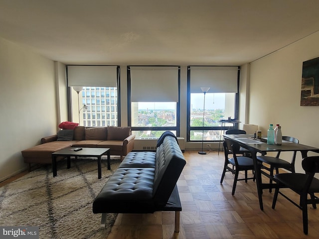 living room featuring light parquet flooring