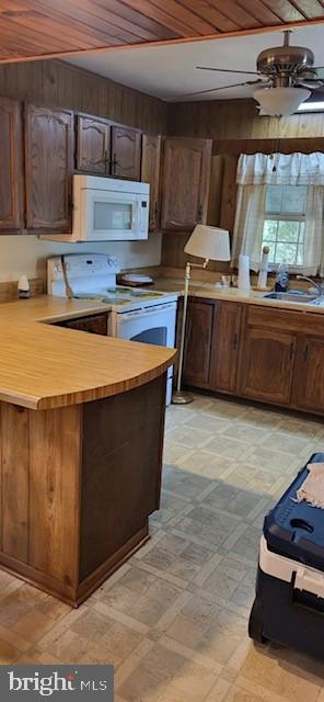 kitchen with white appliances, sink, ceiling fan, dark brown cabinets, and wood ceiling