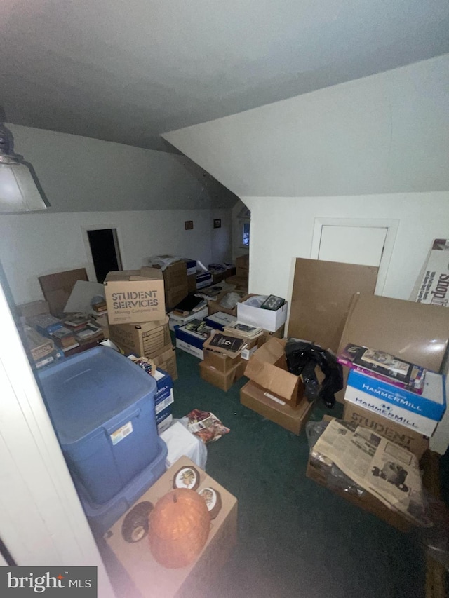 additional living space with vaulted ceiling and dark colored carpet