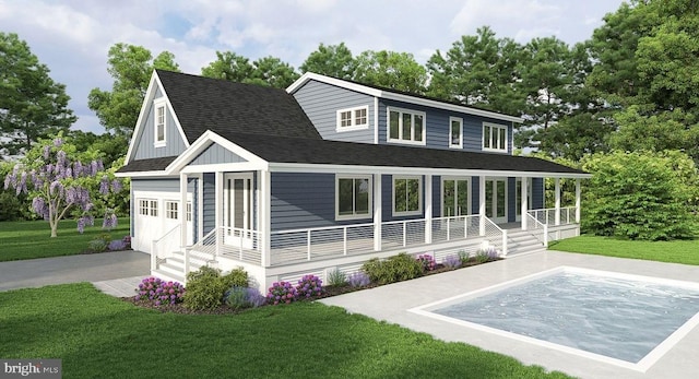 rear view of property featuring covered porch and a lawn