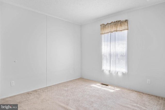 carpeted spare room with a textured ceiling and crown molding