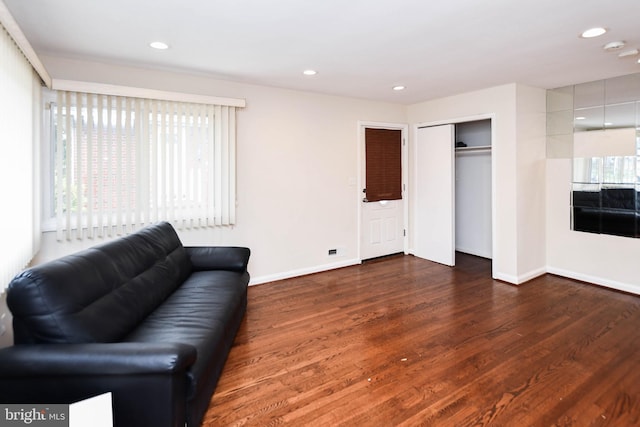 living room featuring dark wood-type flooring