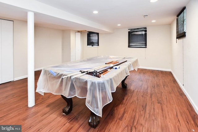 playroom with hardwood / wood-style floors and pool table