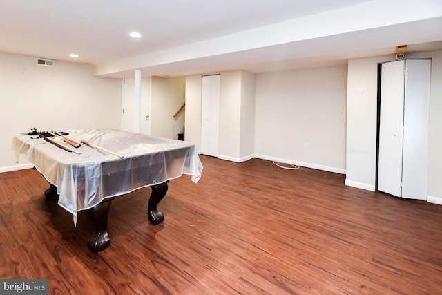 recreation room with dark wood-type flooring and billiards