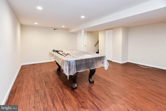 recreation room with pool table and dark hardwood / wood-style floors