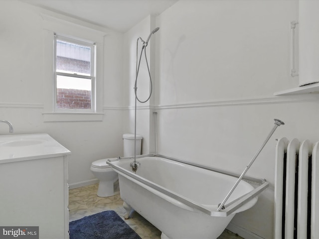 full bathroom with radiator, shower / bathing tub combination, vanity, and toilet