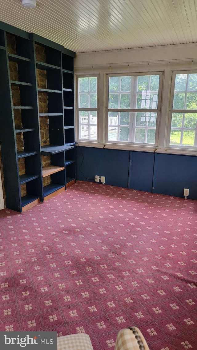 interior space with plenty of natural light, built in shelves, and carpet