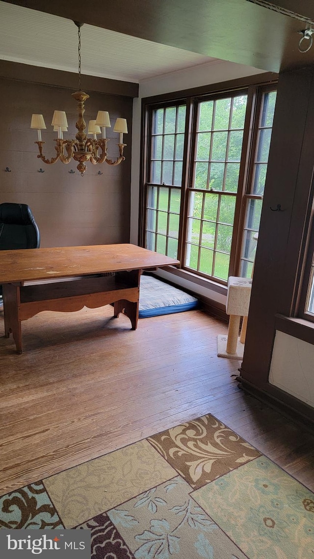 unfurnished dining area with hardwood / wood-style floors and a chandelier